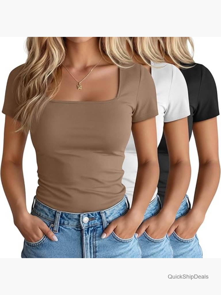 3 Pack Square Neck Short Sleeve Slim Fit T-Shirts, Cotton Polyester Spandex